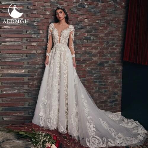 Aedmgh A-Line Wedding Dresses 2021 Sweetheart Long Sleeve Court Train Vestido De Novia Appliques Backless Vintage Robe De Mariee