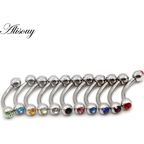 Alisouy 1PC Stainless Steel Crystal Balls Eyebrow Curved Tongue Nipple Bar Ring Barbell Tragus Helix Body Piercing Jewelry