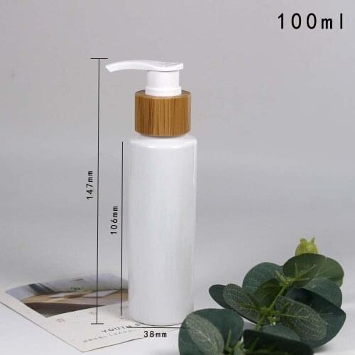 100ml white PET plastic lotion bottle wiht bamboo lid head shampoo/body wash