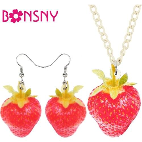 Bonsny Acrylic Jewelry Sets Plump Tempting Strawberry Necklace Earrings Novelty Fruit Pendant For Women Girls Charms Gift NE+EA