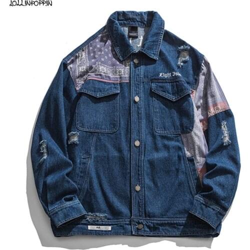 High Street Hip Hop Men Patchwork Blue Denim Jacket Embroidery Letters Mens Paisley Patten Ripped Jean Jackets Turn Down Collar