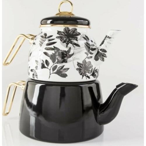 Enamel Gold Luxury Large Teapot Set White Black Leaf Pattern