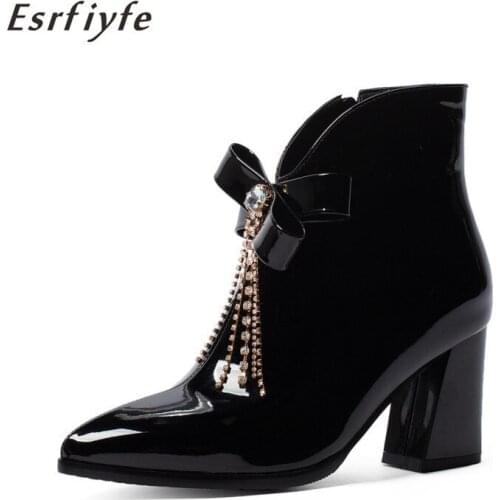 ESRFIYFE Patent Leather Boots Heels Women Pointed Toe Footwear Female Boots Punk Shoes Woman 2020 New Autumn Ankle Boots Zipper