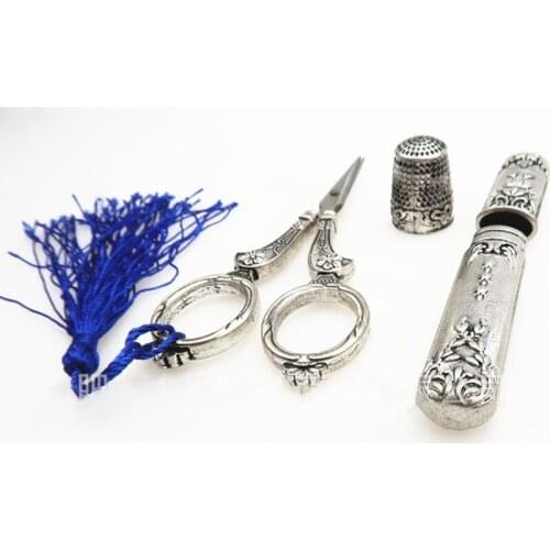 European Vintage Silver Gold Scissors Kit Thimble Needle Case DIY Sewing Tool For Embroidery Cross Professional Household Cutter