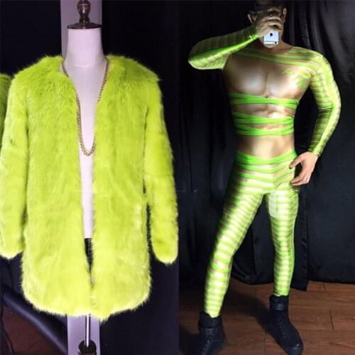 Fluorescent Yellow Green Faux Fur Coat 3D Bundled Jumpsuit Male Nightclub Bar Dj Ds Suits Gogo Dance Costume Rave Clothes XS2584