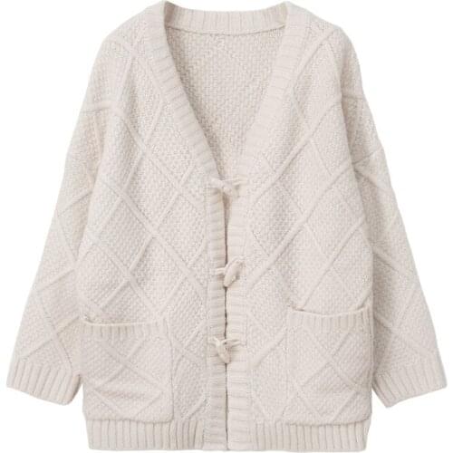 Women Clothes Autumn Winter Korean Style Women Sweater V-Neck Horn Buckle Diamond Cardigan Female Thick Elegant Pocket Tops