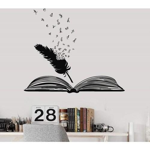 Book and Feather Vinyl Wall Decal Reading School Library Classroom Study Bedroom Home Decor Art Wall Sticker for Kids Rooms P429