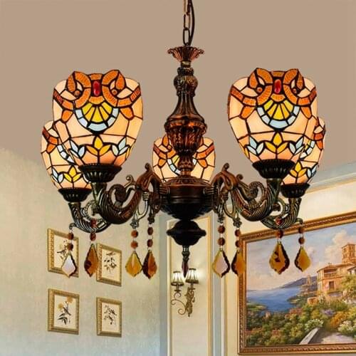 European-Style Retro Creative Tiffany Colored Glass Living Room Dining Room Bedroom Baroque 5 Chandelier Warm Colored Glaze