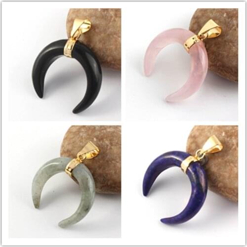 Trendy-Beads Light Yellow Gold Color Crescent Moon Black Agates Pendant White Howlite Stone Jewelry