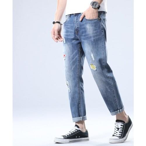 Men Stretchy Ripped Skinny Biker Embroidery Jeans Destroyed Hole Taped Slim Fit Denim Scratched High Quality Jean New 2021