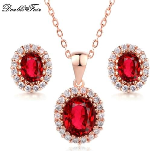 Engagement Necklace Pendants & Earrings Sets Rose Gold Color Crystal Red Crystal African Party Jewelry DFS213