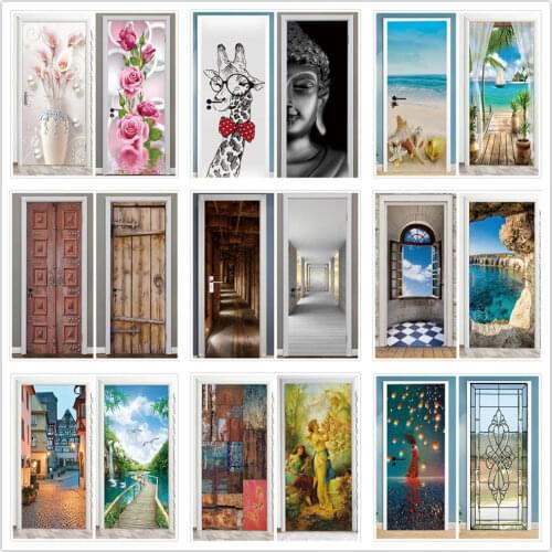 Landscape Door Stickers 3D Removable Vinilos Para Puertas Adhesive Wallpaper Art Murals for Doors Bibliotheque Modern Home Decor