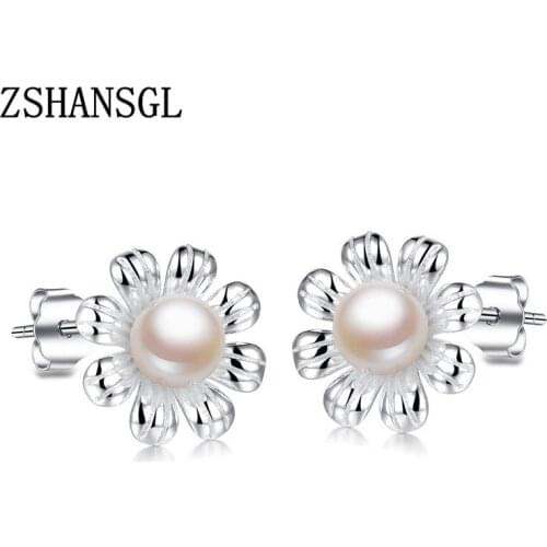 New Arrival Silver color Daisy Flower Freshwater Pearl Stud Earrings for Women silver color Jewelry Gift Anillos Mujer