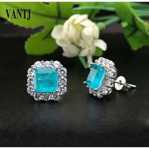 Brazilian Paraiba Emerald Tourmaline Stud Earring Created Gemstone Sq 7mm for Women Fine Jewelry Party Wedding Gift Wholesale