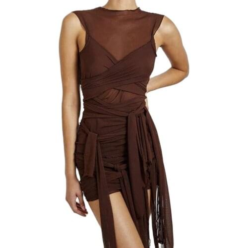 Ribbons Mesh See Through Bodycon Party Dresses Women Sexy Clubwear Mini Dress Solid Sleeveless Basic Female платье Outfits