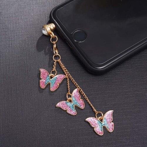 Cute Butterfly Earphones Jack Plug Pendant Chain Universal 3.5mm Anti Dust Plug For iPhone Mobile Phone Dustproof Stopper Cap