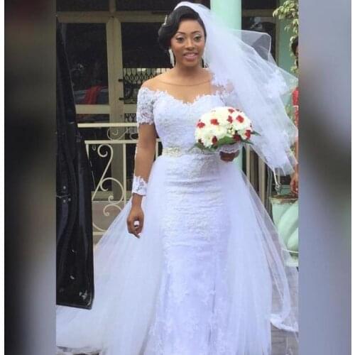 Detachable Trail 2 Pieces African Wedding Dresses White Lace Long Sleeve Beading Belt Mermaid Removable Skirt Bridal Gowns