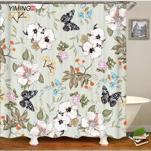 Simple butterfly flower printing waterproof shower curtain bathroom polyester curtain home decoration with hook curtain