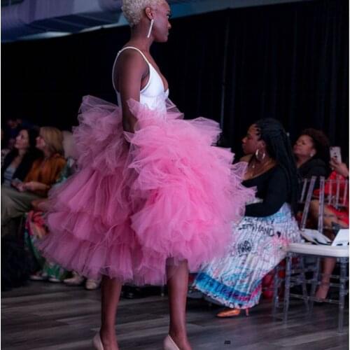 New Trendy Puffy Fuchsia Tulle Midi Skirts Women Ruffles Tiered Knee Length Tulle Skirt Elastic Saias Mujer Faldas