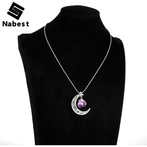 Women Moon Charm Natural Stone Amethysts Purple Crystal Pendant Necklace Alloy Ball Chain/ Waxed Rope Clavicle Chain Jewelry