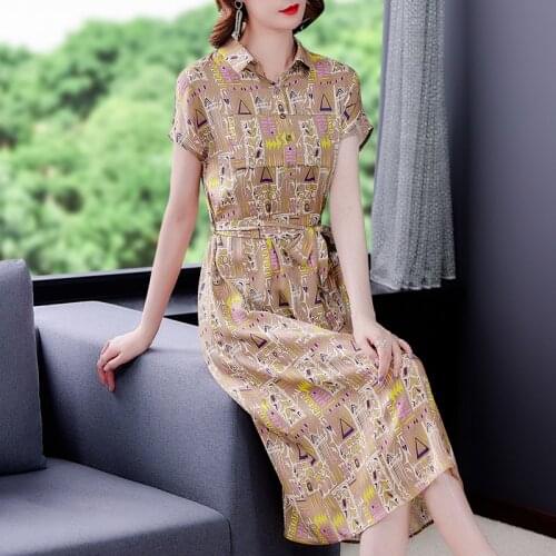 2021 Women Fashion Print Mulberry Silk Satin Midi Dress Summer Vintage 4XL Plus Size Shirt Dress Elegant Bodycon Party Vestidos