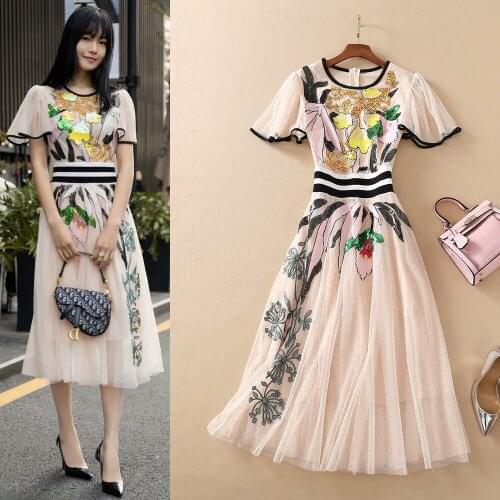 Luxury Fashion Sequined Women Ball Gown Dresses Summer Short Sleeves Luxury Good Quality Beige Vestido Midi Elegante