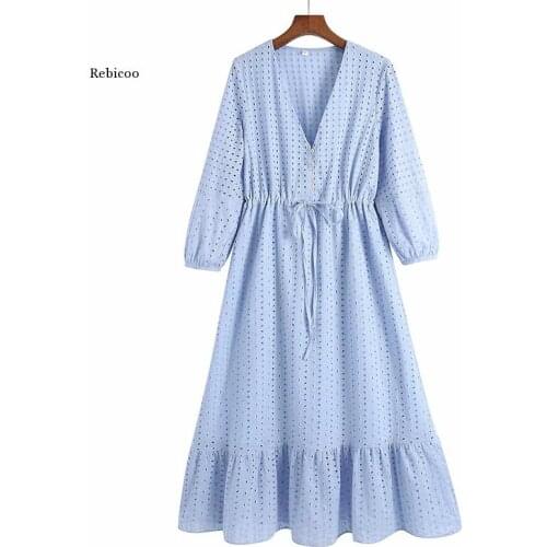 Women Summer V-Neck Dress 3/4 Sleeve Buttons Bow Tie Slim Casual Female Elegant Party A-Line Dresses Clothes Vestidos