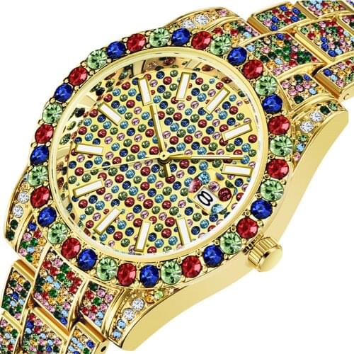 Gold Mens Watch Hip Hop Watch Man Fashion Waterproof Stainless Steel Quartz Wrist Watches Full Iced Out Rainbow Diamond Watches