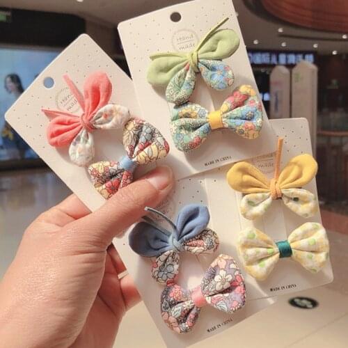 2pcs Hairpins Set Butterfly Princess Girls Print Flower Bow BB Hair Clips Headwear Children Cute Cotton Hair Accessories Women