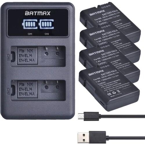Batmax 4pcs 1200mAh EN-EL14 EN EL14a EL14 Battery+LED Dual USB Charger for Nikon P7800 P7000 D5500 D5300 D5200 D3300 D5600 D3400