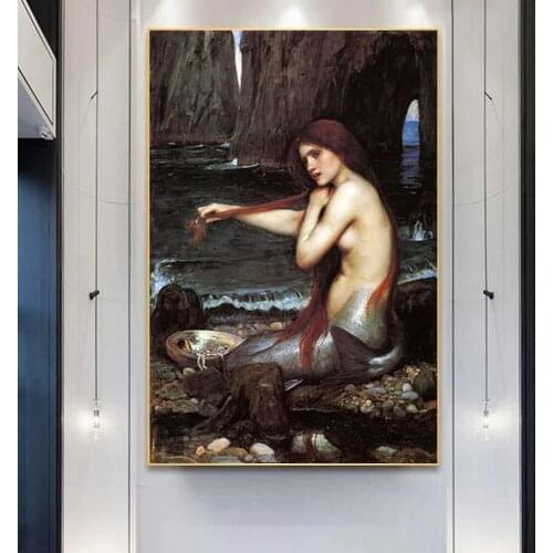 Abstract Canvas Wall Art Posters Mermaid John William Waterhouse Portrait Prints for Living Room Painting HD Home Decor Picture