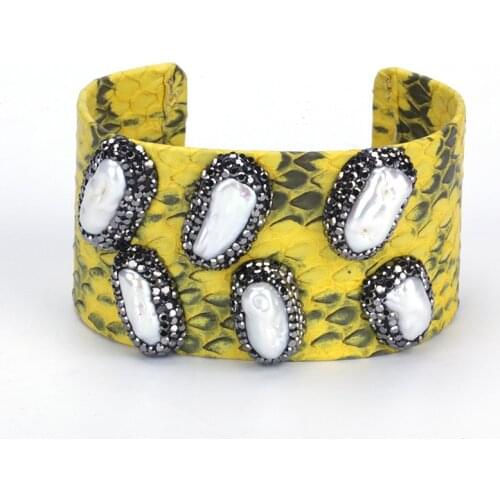 Natural Big Freshwater Pearl Beads Charm Pave Rhinestone Yellow Real Snake Leather Wide Wrap Open Bangle Cuff Bracelet for Women