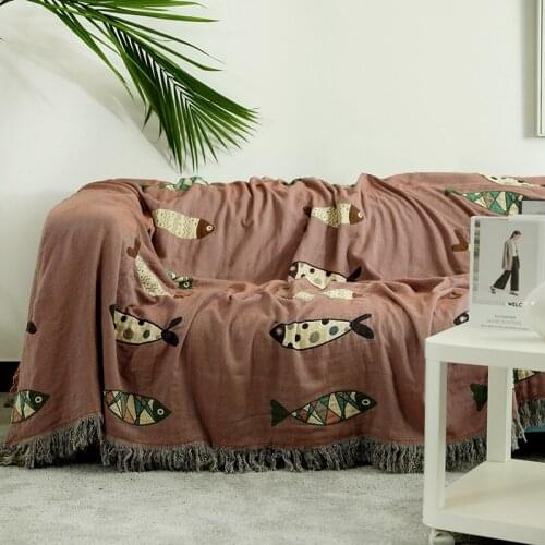 Four-layer Pure Cotton Geometric Double-sided Fish Slipcover All Season Universal Tapestry Bed Sheet Sofa Blanket Wall Decor