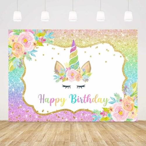 Happy birthday unicorn backdrop colorful rainbow background for photo studio rose flower floral colorful glitter dots customize