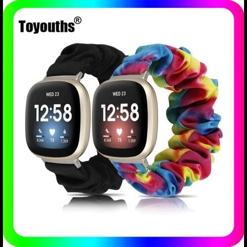 Toyouths Elastic Scrunchies Watch Strap for Fitbit Versa 3 Band 2Pcs/Set Fabric Printed Loop Elastic Watchband for Fitbit Sense