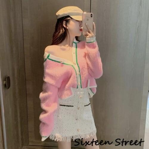 Fashion V-Neck Cropped Cardigans Women Single Breasted Knitted Casual Pink Button Patchwork Sweaters Women Autumn Winter 2021