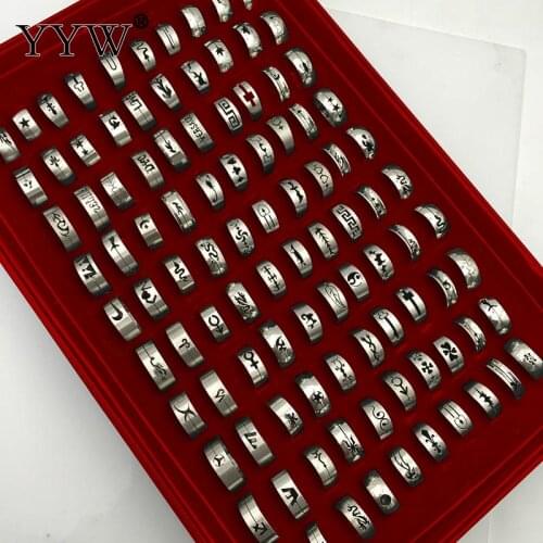 100pcs/Box Mixed Titanium Steel Punk Rings Wholesale Silver Color Round Statement Rings For Women Men Jewelry