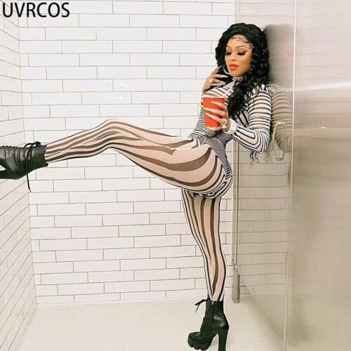 UVRCOS Women Outfits 2021 Fashion Rompers Womens Jumpsuit Mesh Stripes Print Sexy See Through Soft Skinny Fall Clothes For Women