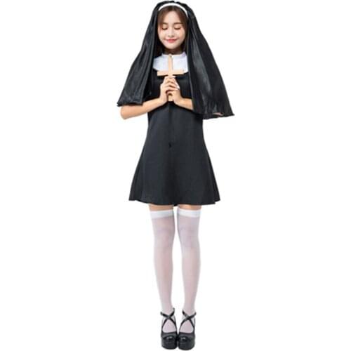 Black Nun Costume Adult Religious Catholic Priest Sister Nun Costume Hens Party Fantasia Cosplay Fancy Dress