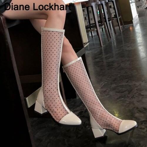 Fashion Women Ankle Boots Pointed Toe Short Bottes Brand Design Polka Dot Low Heels Back Zipper Summer Boot Air Mesh Shoes Femal