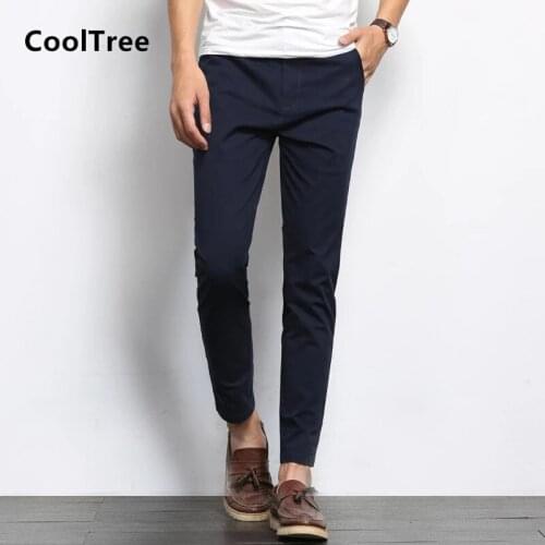 CoolTree Men Business Casual Pants Spring Autumn Solid color Slight Elastic Straight Trousers Male Slim Fit Ankle-Length Pants