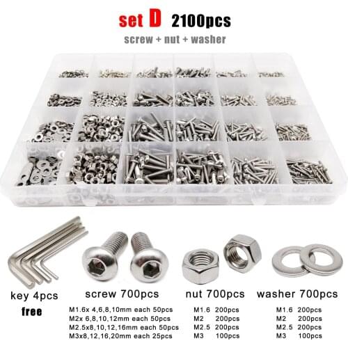 400/1140pcs M2 M2.5 M3 M4 M5 304 Stainless Steel Allen Hexagon Hex Socket Button Round Head Screw Bolt Nut Washer Set Kit Box