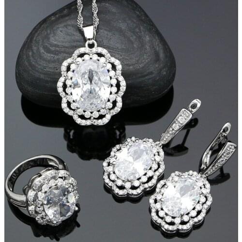 925 Sterling Silver Bridal Jewelry Sets White Cubic Zirconia Earrings Pendant Necklace Ring Set Wedding Accessories For Women