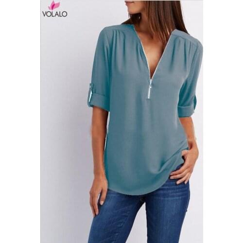 New Solid Zipper Shirt Loose Plus Size Long Sleeve Chiffon Blusas Tops Women Sexy V Neck Casual Summer Blouse Gift