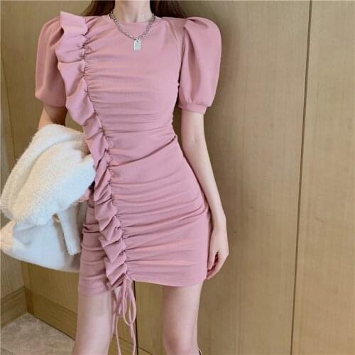 Solid pink woman dress O Neck High Waist Casual holiday dresses for women short Sleeves Bodycon Ruched mini vestidos 2021