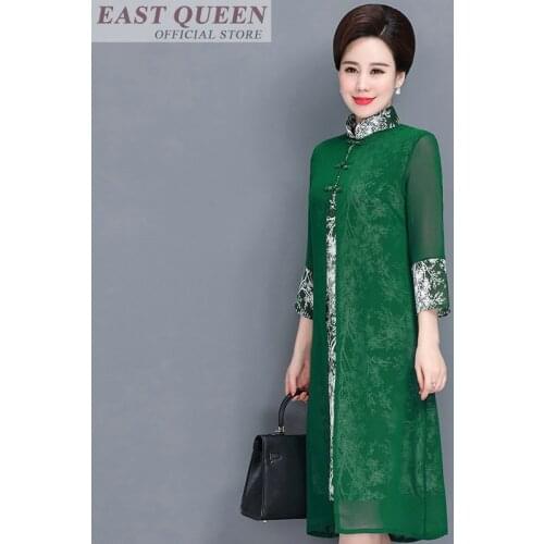 Women dress middle age female o-neck loose knee-length high waist full sleeve elegant Chinese traditional dresses DD512 L