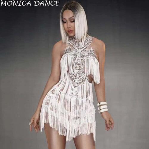 Nightclub Sexy Stage White Fringes Dress Stretch Sleeveless Outfit stage Sexy Skinny Costume Birthday prom show One-piece Dress