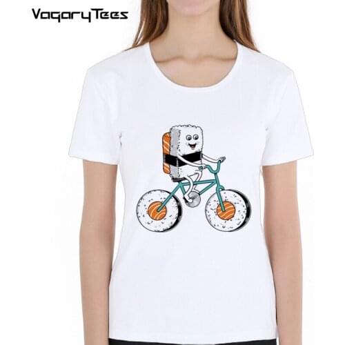 Sushi Women T Shirts Cute Food Bicycle Printed Lady Tops Short Sleeve O-Neck T-shirt Novelty Cool Tee