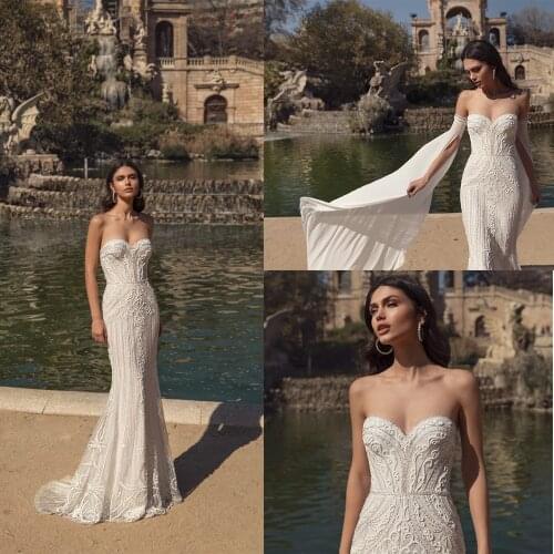 2020 Mermaid Wedding Dresses Sweetheart Lace Appliques Beading Bridal Gowns Custom Made Backless Sweep Train Wedding Dress