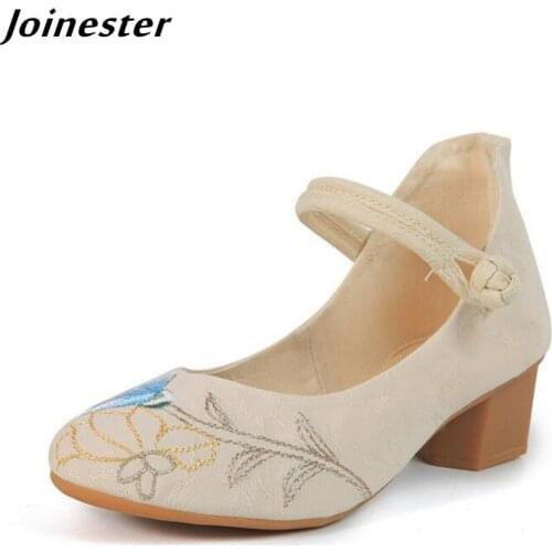 Ethnic Embroidered Ankle Strap Pumps for Women Cotton Fabric Summer Heels Ladies Mary Jane Dress Shoes Closed Toe Sandals